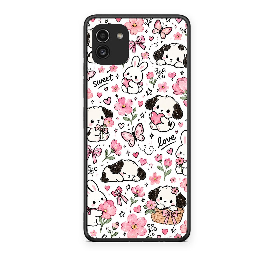 Θήκη Samsung Galaxy A03 Pink Florals Puppies and Bunnies on White από τη Smartfits με σχέδιο στο πίσω μέρος και μαύρο περίβλημα | Samsung Galaxy A03 Pink Florals Puppies and Bunnies on White case with colorful back and black bezels