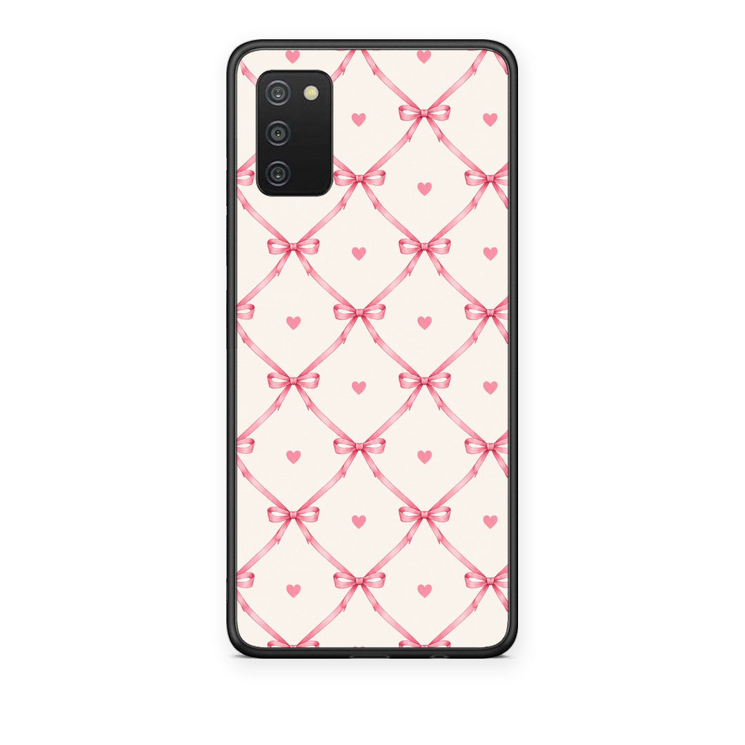 Θήκη Samsung Galaxy A03s Pink Bow Lattice and Hearts on Cream από τη Smartfits με σχέδιο στο πίσω μέρος και μαύρο περίβλημα | Samsung Galaxy A03s Pink Bow Lattice and Hearts on Cream case with colorful back and black bezels