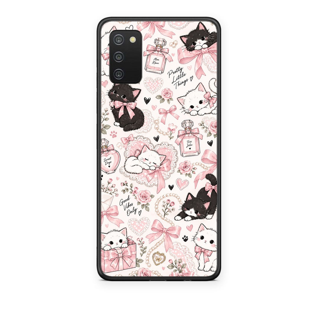 Θήκη Samsung Galaxy A03s Pink Bows and Kittens Collage από τη Smartfits με σχέδιο στο πίσω μέρος και μαύρο περίβλημα | Samsung Galaxy A03s Pink Bows and Kittens Collage case with colorful back and black bezels