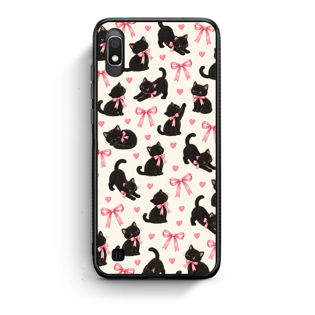 Θήκη Samsung Galaxy A10 Black Kittens and Pink Bows on Cream Small από τη Smartfits με σχέδιο στο πίσω μέρος και μαύρο περίβλημα | Samsung Galaxy A10 Black Kittens and Pink Bows on Cream Small case with colorful back and black bezels