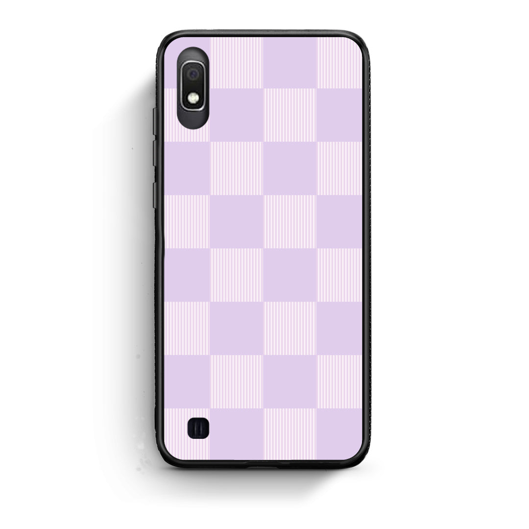 Θήκη Samsung Galaxy A10 Lilac and Cream Striped Checks από τη Smartfits με σχέδιο στο πίσω μέρος και μαύρο περίβλημα | Samsung Galaxy A10 Lilac and Cream Striped Checks case with colorful back and black bezels
