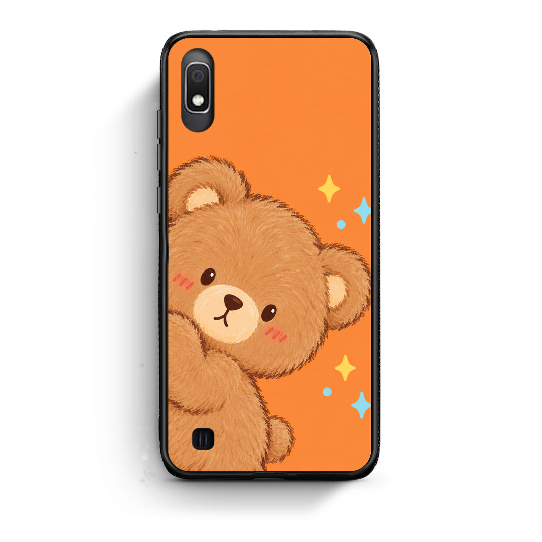 Θήκη Samsung Galaxy A10 Peekaboo Teddy on Orange από τη Smartfits με σχέδιο στο πίσω μέρος και μαύρο περίβλημα | Samsung Galaxy A10 Peekaboo Teddy on Orange case with colorful back and black bezels