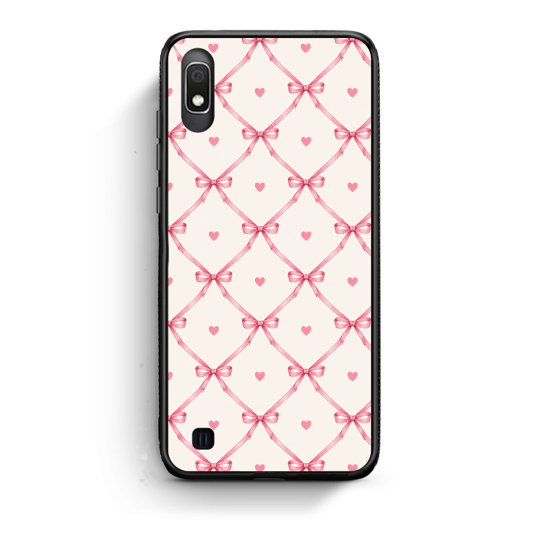 Θήκη Samsung Galaxy A10 Pink Bow Lattice and Hearts on Cream από τη Smartfits με σχέδιο στο πίσω μέρος και μαύρο περίβλημα | Samsung Galaxy A10 Pink Bow Lattice and Hearts on Cream case with colorful back and black bezels