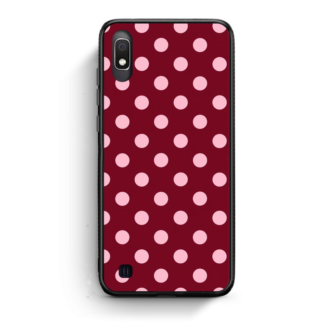Θήκη Samsung Galaxy A10 Pink Polka Dots on Burgundy από τη Smartfits με σχέδιο στο πίσω μέρος και μαύρο περίβλημα | Samsung Galaxy A10 Pink Polka Dots on Burgundy case with colorful back and black bezels