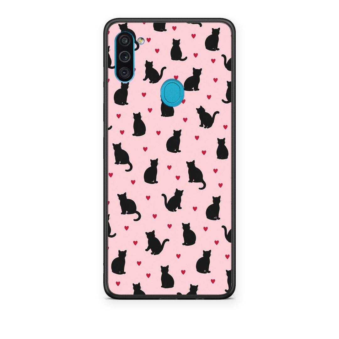 Θήκη Samsung Galaxy A11 / M11 Black Cat Silhouettes and Hearts on Pink από τη Smartfits με σχέδιο στο πίσω μέρος και μαύρο περίβλημα | Samsung Galaxy A11 / M11 Black Cat Silhouettes and Hearts on Pink case with colorful back and black bezels