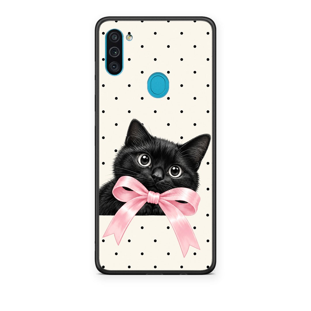 Θήκη Samsung Galaxy A11 / M11 Black Kitten Pink Bow and Polka Dots από τη Smartfits με σχέδιο στο πίσω μέρος και μαύρο περίβλημα | Samsung Galaxy A11 / M11 Black Kitten Pink Bow and Polka Dots case with colorful back and black bezels