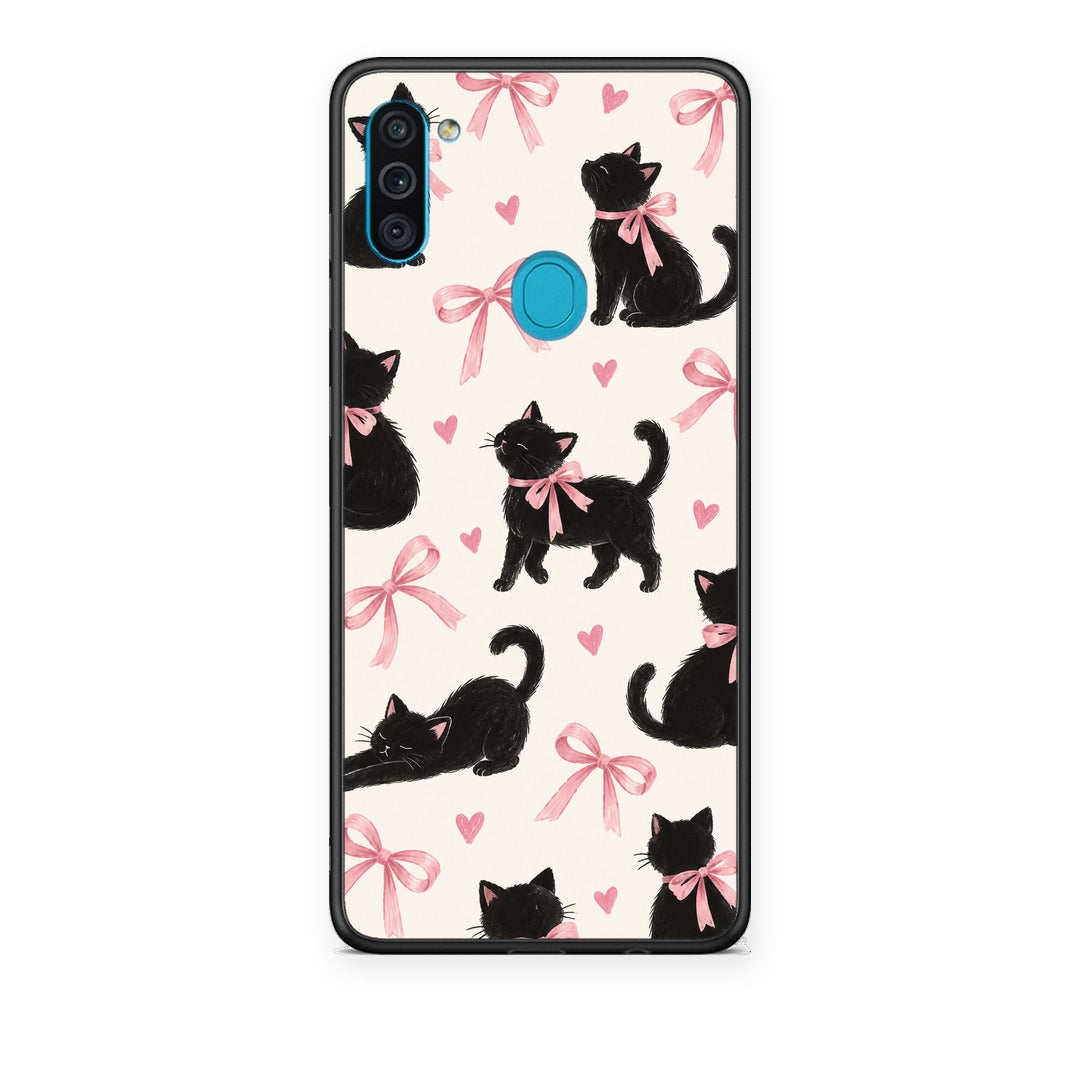 Θήκη Samsung Galaxy A11 / M11 Black Kittens and Pink Bows on Cream Large από τη Smartfits με σχέδιο στο πίσω μέρος και μαύρο περίβλημα | Samsung Galaxy A11 / M11 Black Kittens and Pink Bows on Cream Large case with colorful back and black bezels