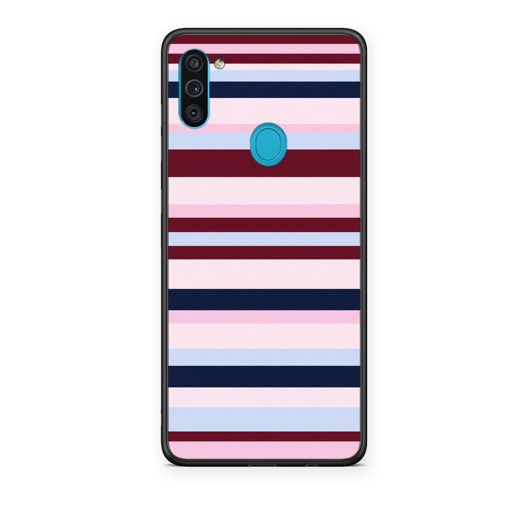 Θήκη Samsung Galaxy A11 / M11 Burgundy Pink and Blue Horizontal Stripes από τη Smartfits με σχέδιο στο πίσω μέρος και μαύρο περίβλημα | Samsung Galaxy A11 / M11 Burgundy Pink and Blue Horizontal Stripes case with colorful back and black bezels