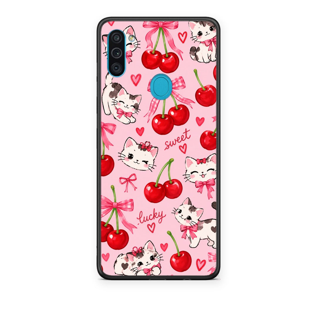 Θήκη Samsung Galaxy A11 / M11 Cherries Bows and Kittens on Pink από τη Smartfits με σχέδιο στο πίσω μέρος και μαύρο περίβλημα | Samsung Galaxy A11 / M11 Cherries Bows and Kittens on Pink case with colorful back and black bezels