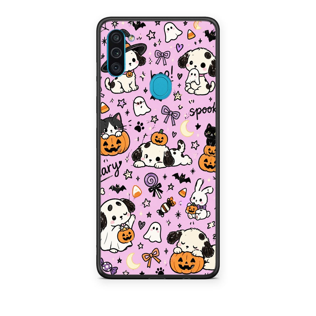 Θήκη Samsung Galaxy A11 / M11 Halloween Puppies and Friends on Lilac από τη Smartfits με σχέδιο στο πίσω μέρος και μαύρο περίβλημα | Samsung Galaxy A11 / M11 Halloween Puppies and Friends on Lilac case with colorful back and black bezels