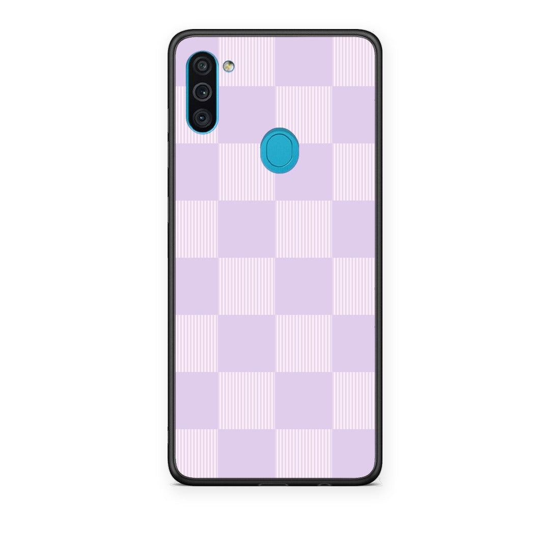 Θήκη Samsung Galaxy A11 / M11 Lilac and Cream Striped Checks από τη Smartfits με σχέδιο στο πίσω μέρος και μαύρο περίβλημα | Samsung Galaxy A11 / M11 Lilac and Cream Striped Checks case with colorful back and black bezels