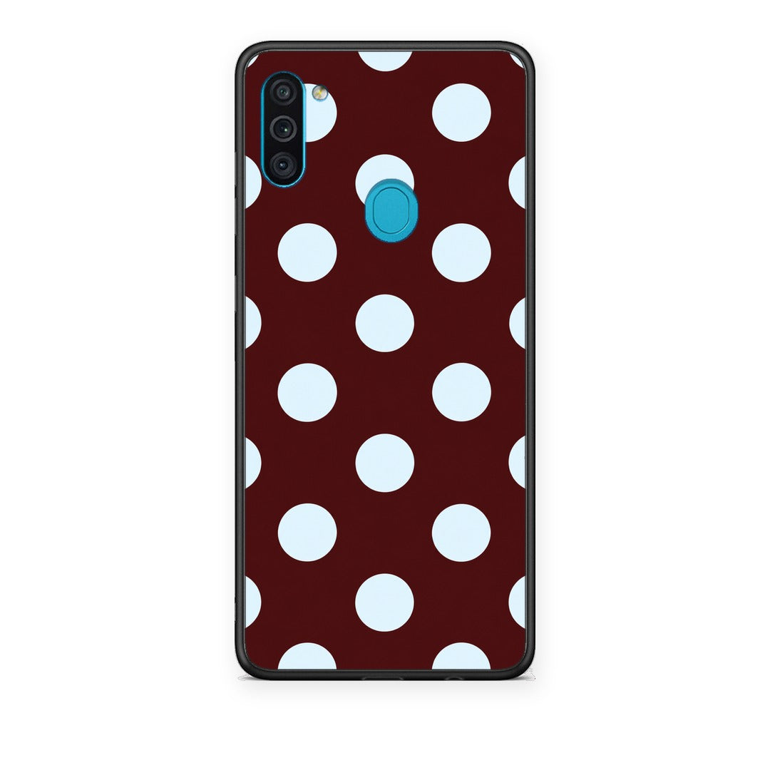 Θήκη Samsung Galaxy A11 / M11 Pale Blue Large Polka Dots on Burgundy από τη Smartfits με σχέδιο στο πίσω μέρος και μαύρο περίβλημα | Samsung Galaxy A11 / M11 Pale Blue Large Polka Dots on Burgundy case with colorful back and black bezels