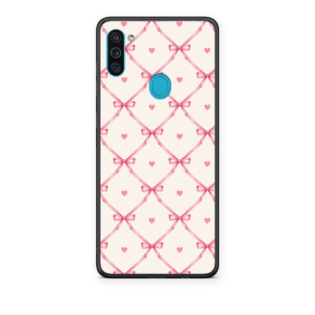 Θήκη Samsung Galaxy A11 / M11 Pink Bow Lattice and Hearts on Cream από τη Smartfits με σχέδιο στο πίσω μέρος και μαύρο περίβλημα | Samsung Galaxy A11 / M11 Pink Bow Lattice and Hearts on Cream case with colorful back and black bezels