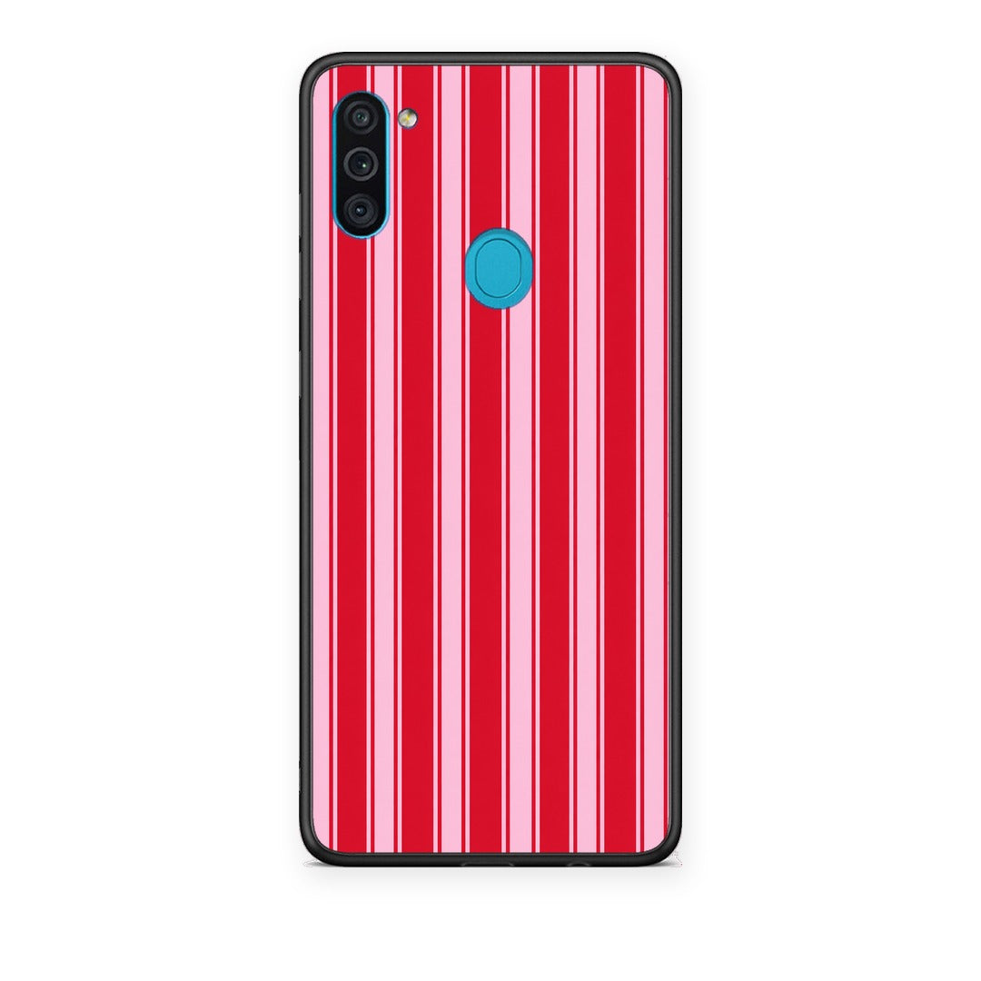 Θήκη Samsung Galaxy A11 / M11 Red and Pink Vertical Pinstripes από τη Smartfits με σχέδιο στο πίσω μέρος και μαύρο περίβλημα | Samsung Galaxy A11 / M11 Red and Pink Vertical Pinstripes case with colorful back and black bezels