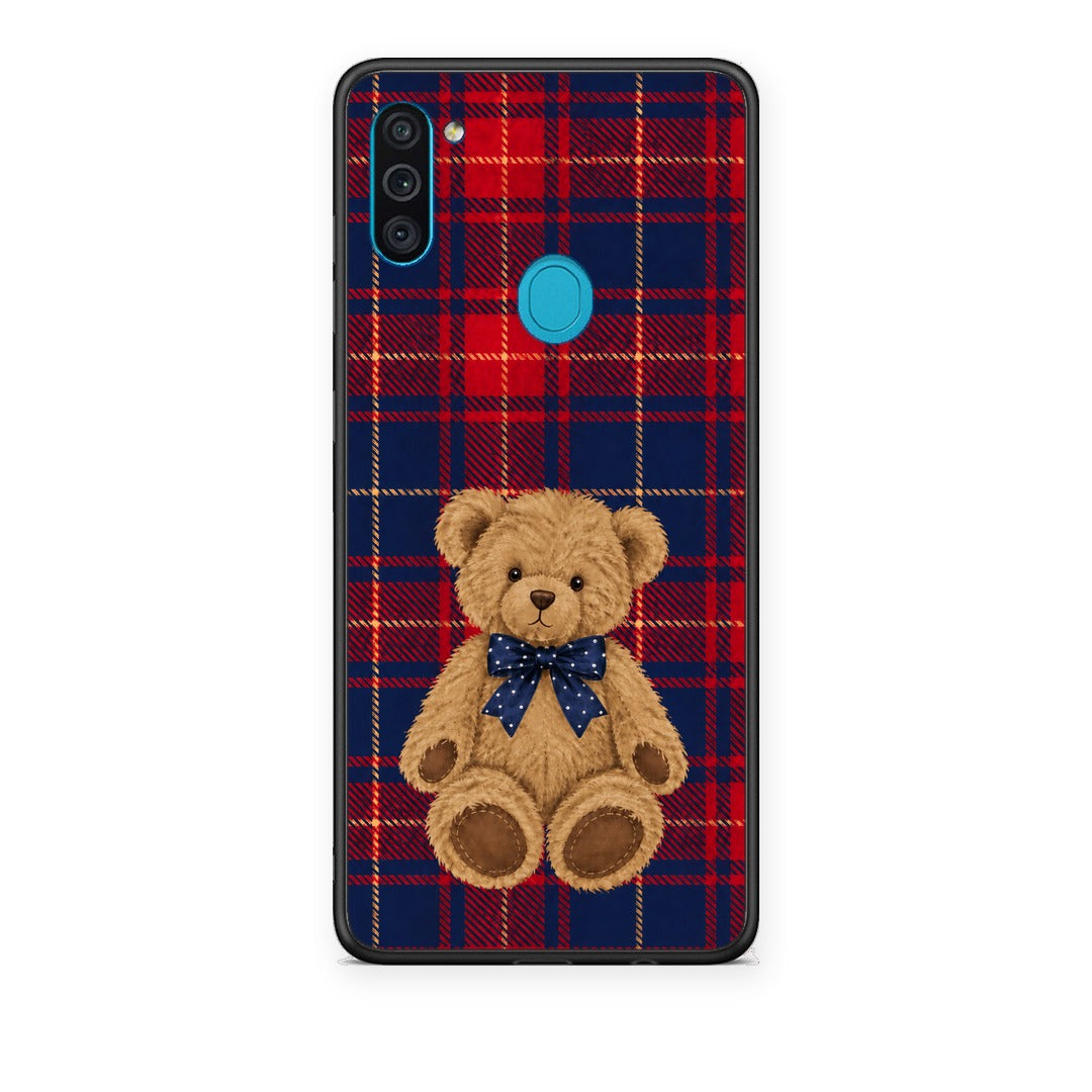 Θήκη Samsung Galaxy A11 / M11 Teddy Bear on Red and Navy Tartan από τη Smartfits με σχέδιο στο πίσω μέρος και μαύρο περίβλημα | Samsung Galaxy A11 / M11 Teddy Bear on Red and Navy Tartan case with colorful back and black bezels