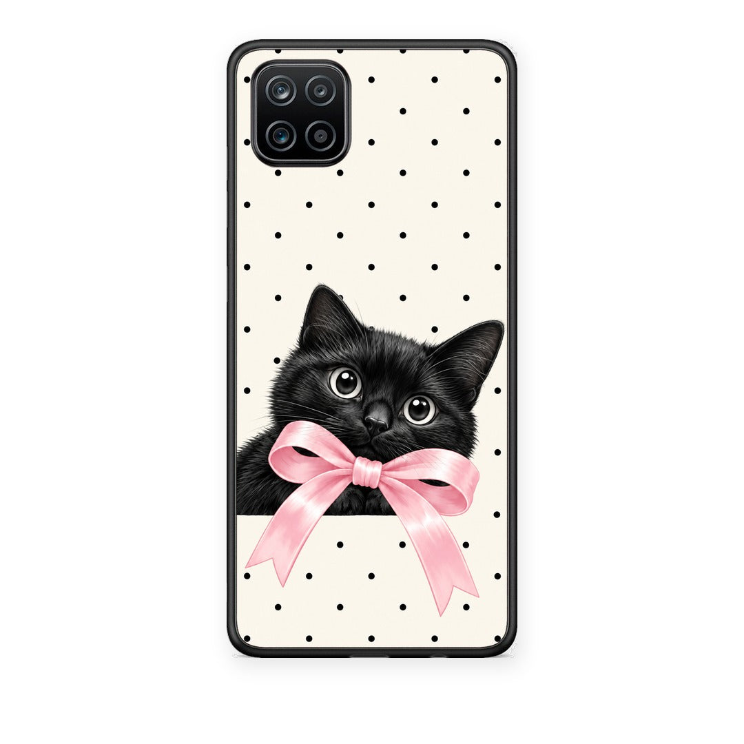 Θήκη Samsung Galaxy A12 Black Kitten Pink Bow and Polka Dots από τη Smartfits με σχέδιο στο πίσω μέρος και μαύρο περίβλημα | Samsung Galaxy A12 Black Kitten Pink Bow and Polka Dots case with colorful back and black bezels