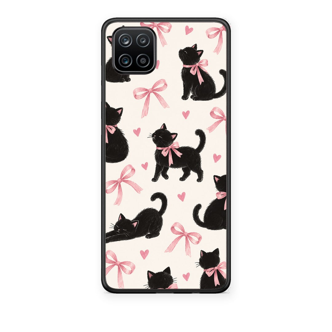 Θήκη Samsung Galaxy A12 Black Kittens and Pink Bows on Cream Large από τη Smartfits με σχέδιο στο πίσω μέρος και μαύρο περίβλημα | Samsung Galaxy A12 Black Kittens and Pink Bows on Cream Large case with colorful back and black bezels