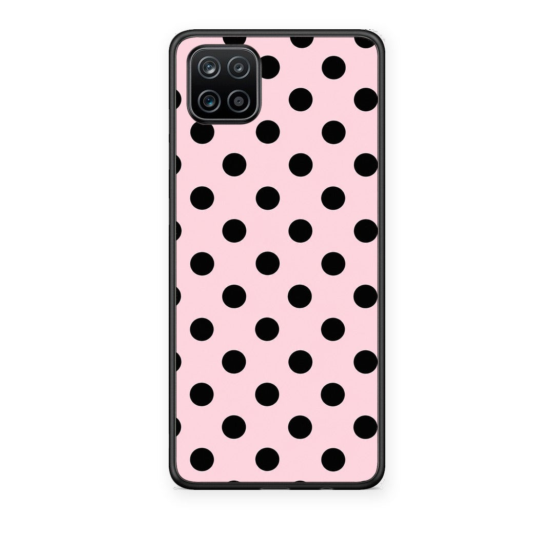 Θήκη Samsung Galaxy A12 Black Polka Dots on Pink από τη Smartfits με σχέδιο στο πίσω μέρος και μαύρο περίβλημα | Samsung Galaxy A12 Black Polka Dots on Pink case with colorful back and black bezels