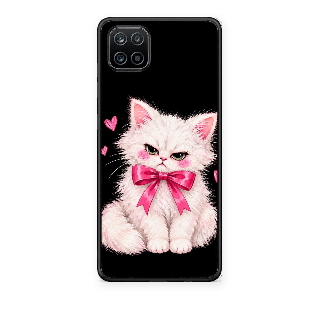 Θήκη Samsung Galaxy A12 Grumpy Party Kitten on Black από τη Smartfits με σχέδιο στο πίσω μέρος και μαύρο περίβλημα | Samsung Galaxy A12 Grumpy Party Kitten on Black case with colorful back and black bezels