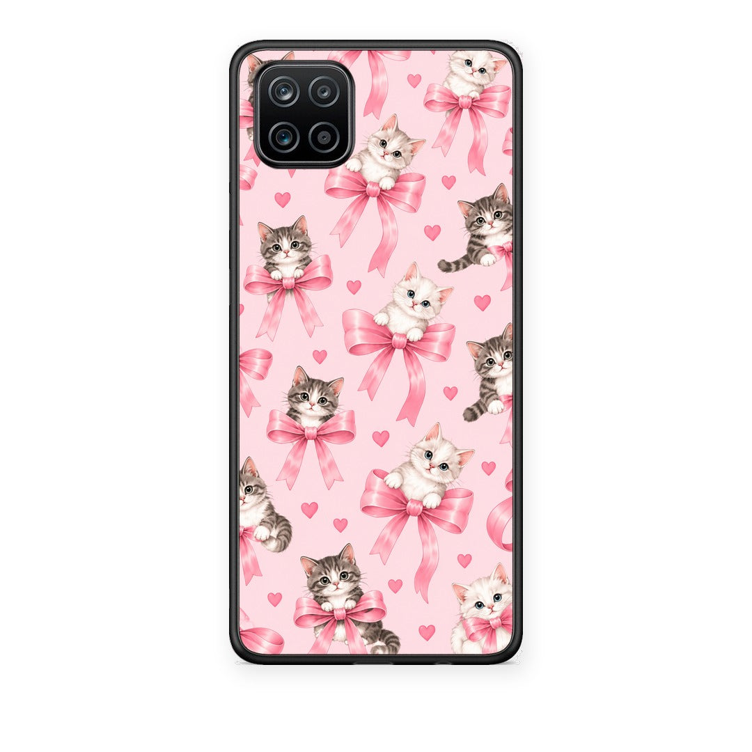 Θήκη Samsung Galaxy A12 Kittens and Pink Bows on Pink από τη Smartfits με σχέδιο στο πίσω μέρος και μαύρο περίβλημα | Samsung Galaxy A12 Kittens and Pink Bows on Pink case with colorful back and black bezels
