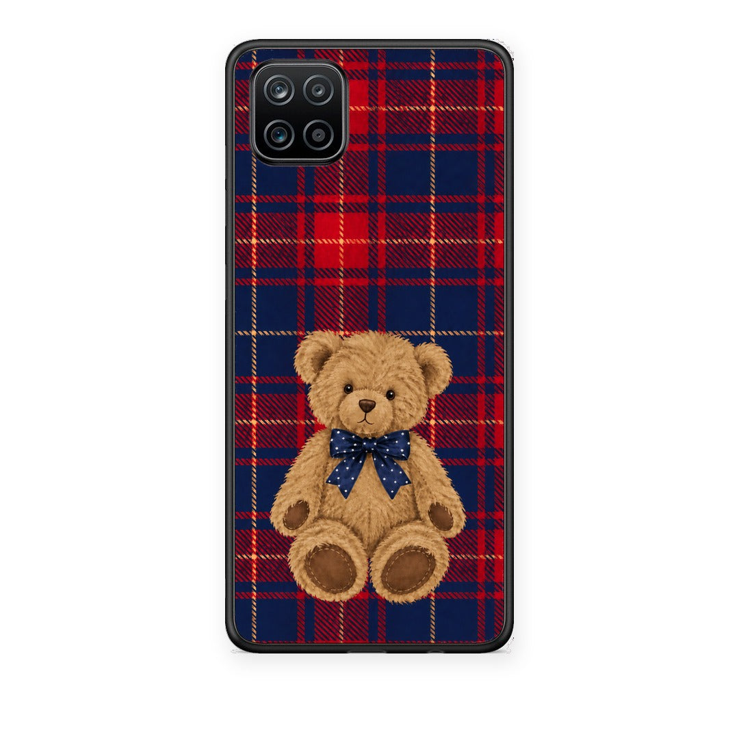 Θήκη Samsung Galaxy A12 Teddy Bear on Red and Navy Tartan από τη Smartfits με σχέδιο στο πίσω μέρος και μαύρο περίβλημα | Samsung Galaxy A12 Teddy Bear on Red and Navy Tartan case with colorful back and black bezels