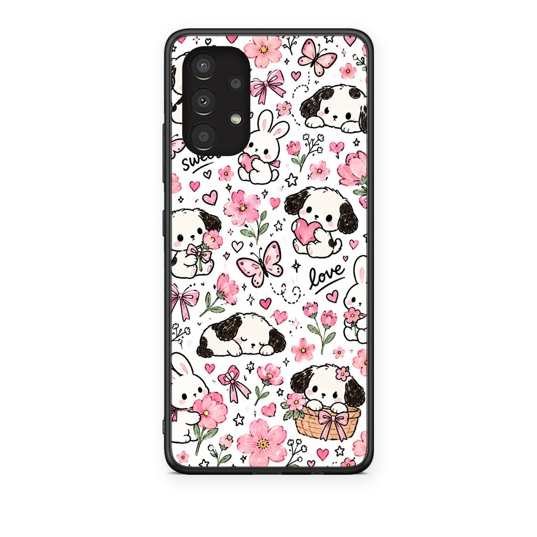Θήκη Samsung Galaxy A13 4G Pink Florals Puppies and Bunnies on White από τη Smartfits με σχέδιο στο πίσω μέρος και μαύρο περίβλημα | Samsung Galaxy A13 4G Pink Florals Puppies and Bunnies on White case with colorful back and black bezels