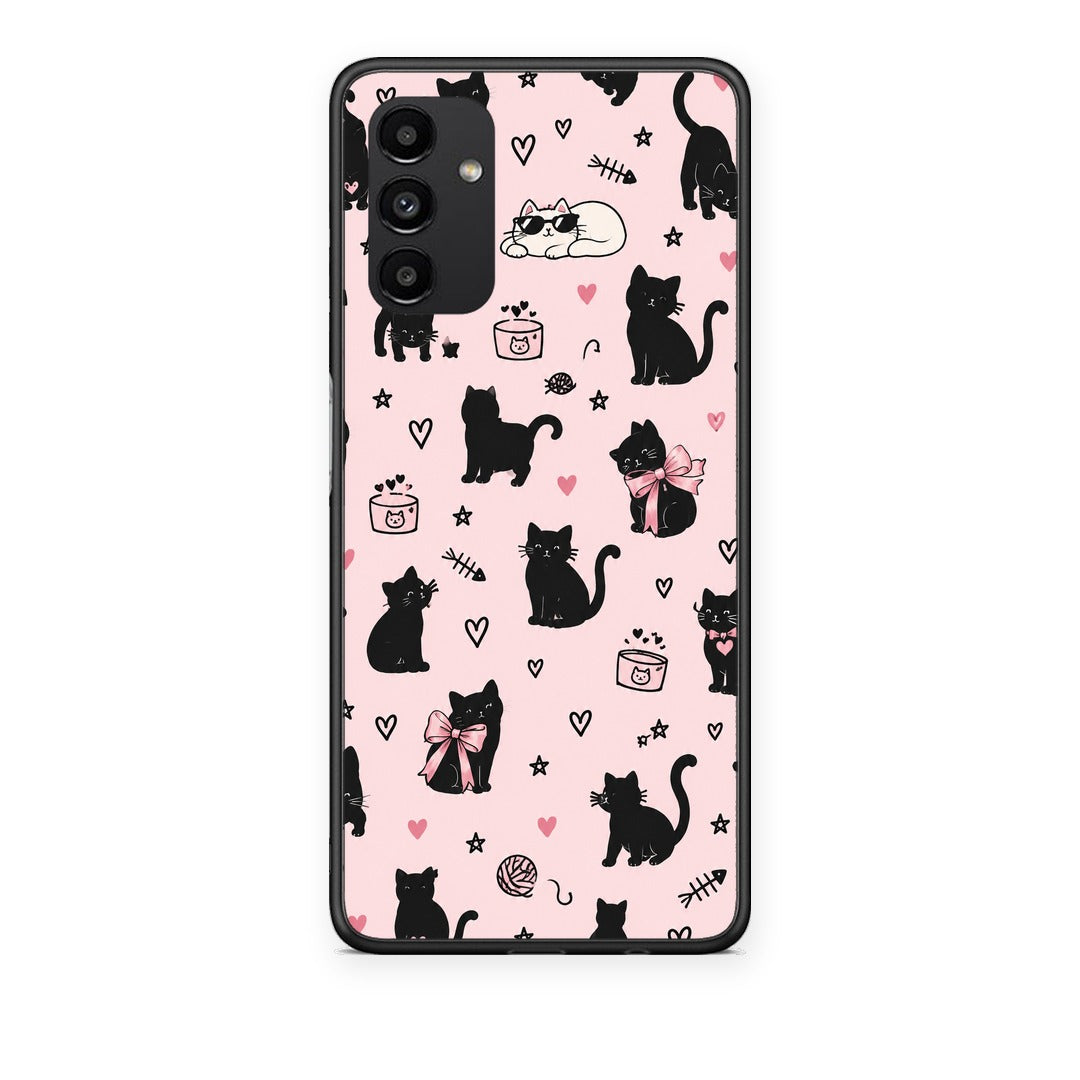 Θήκη Samsung Galaxy A04s Black Cat Doodles on Pink από τη Smartfits με σχέδιο στο πίσω μέρος και μαύρο περίβλημα | Samsung Galaxy A04s Black Cat Doodles on Pink case with colorful back and black bezels