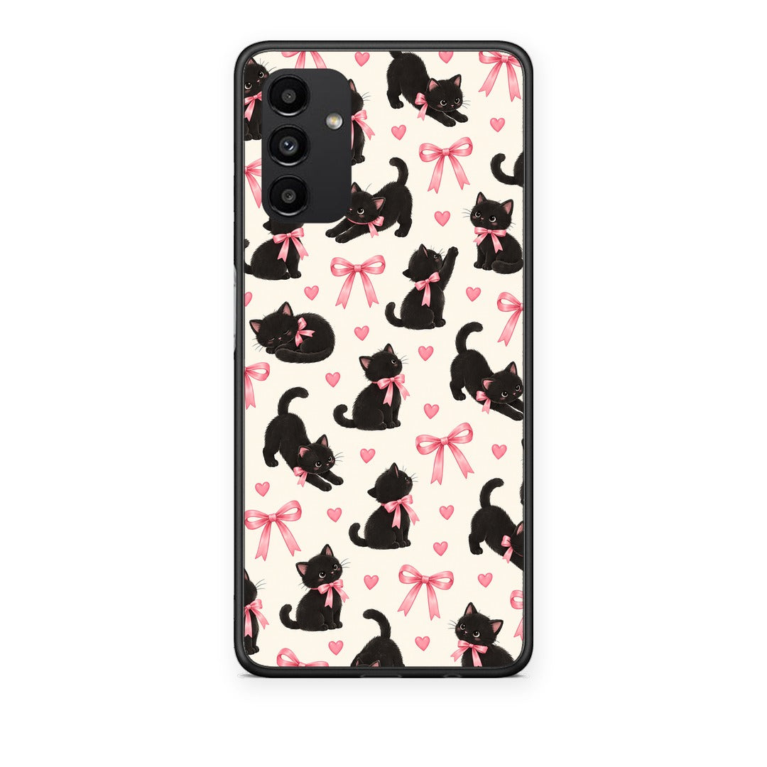 Θήκη Samsung Galaxy A04s Black Kittens and Pink Bows on Cream Small από τη Smartfits με σχέδιο στο πίσω μέρος και μαύρο περίβλημα | Samsung Galaxy A04s Black Kittens and Pink Bows on Cream Small case with colorful back and black bezels