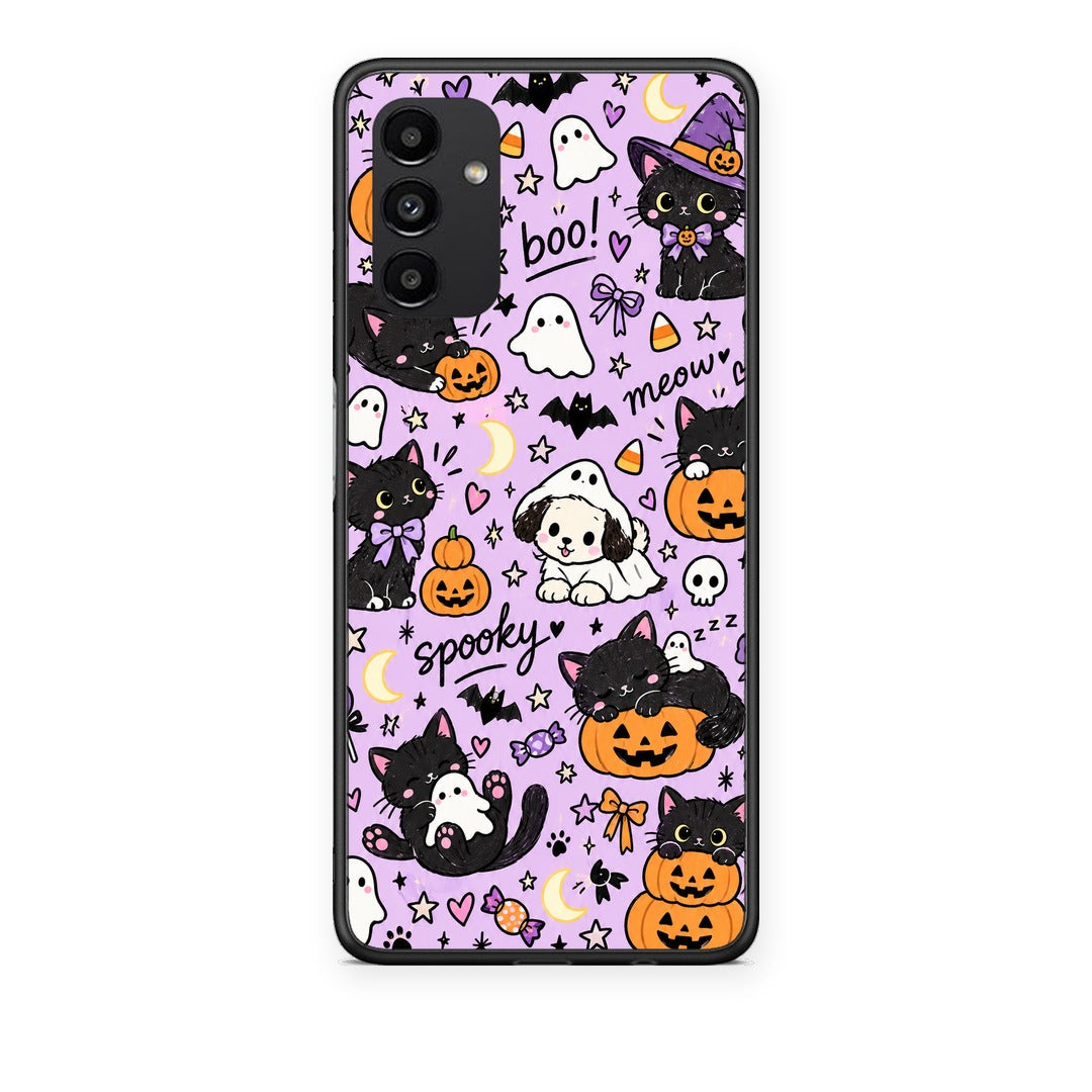 Θήκη Samsung Galaxy A13 5G Halloween Black Cats on Lilac από τη Smartfits με σχέδιο στο πίσω μέρος και μαύρο περίβλημα | Samsung Galaxy A13 5G Halloween Black Cats on Lilac case with colorful back and black bezels