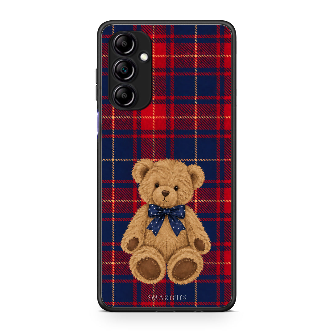 Θήκη Samsung Galaxy A14 / A14 5G Teddy Bear on Red and Navy Tartan από τη Smartfits με σχέδιο στο πίσω μέρος και μαύρο περίβλημα | Samsung Galaxy A14 / A14 5G Teddy Bear on Red and Navy Tartan case with colorful back and black bezels