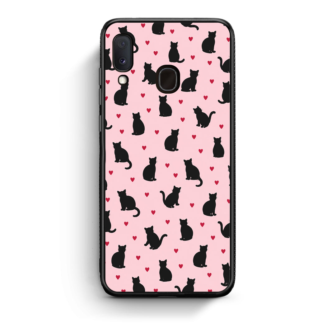 Θήκη Samsung Galaxy A20e Black Cat Silhouettes and Hearts on Pink από τη Smartfits με σχέδιο στο πίσω μέρος και μαύρο περίβλημα | Samsung Galaxy A20e Black Cat Silhouettes and Hearts on Pink case with colorful back and black bezels