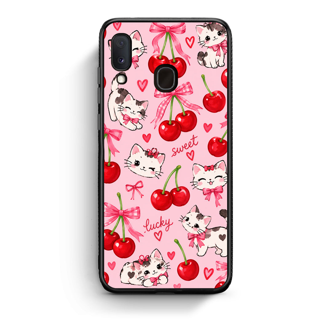 Θήκη Samsung Galaxy A20e Cherries Bows and Kittens on Pink από τη Smartfits με σχέδιο στο πίσω μέρος και μαύρο περίβλημα | Samsung Galaxy A20e Cherries Bows and Kittens on Pink case with colorful back and black bezels