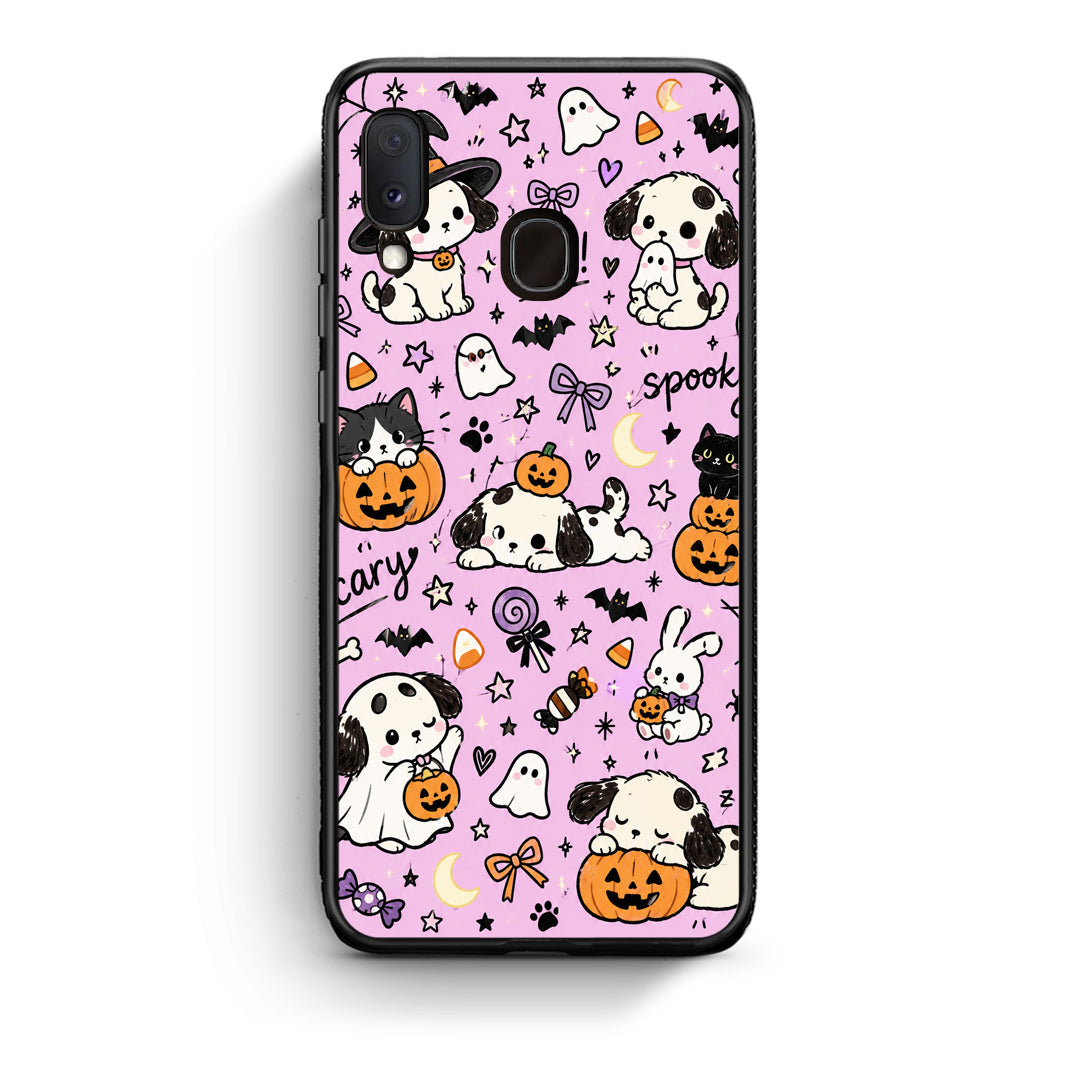 Θήκη Samsung Galaxy A30 Halloween Puppies and Friends on Lilac από τη Smartfits με σχέδιο στο πίσω μέρος και μαύρο περίβλημα | Samsung Galaxy A30 Halloween Puppies and Friends on Lilac case with colorful back and black bezels