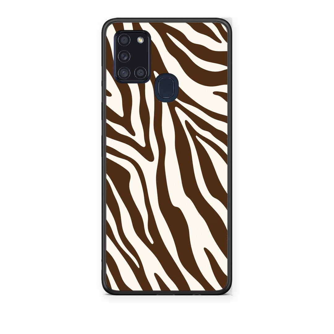 Θήκη Samsung Galaxy A21s Brown and Cream Zebra Stripes από τη Smartfits με σχέδιο στο πίσω μέρος και μαύρο περίβλημα | Samsung Galaxy A21s Brown and Cream Zebra Stripes case with colorful back and black bezels
