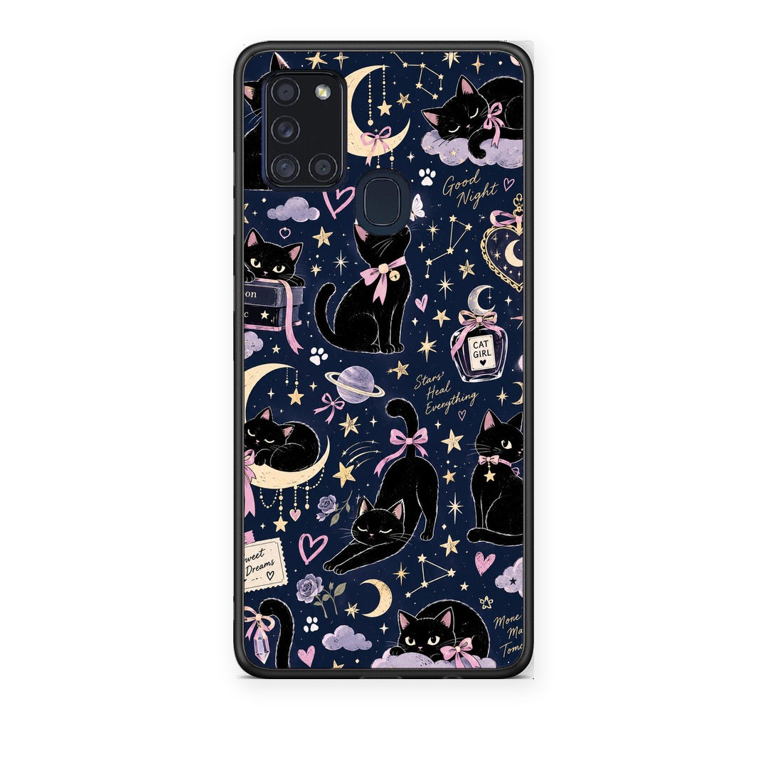 Θήκη Samsung Galaxy A21s Celestial Black Cats on Navy από τη Smartfits με σχέδιο στο πίσω μέρος και μαύρο περίβλημα | Samsung Galaxy A21s Celestial Black Cats on Navy case with colorful back and black bezels