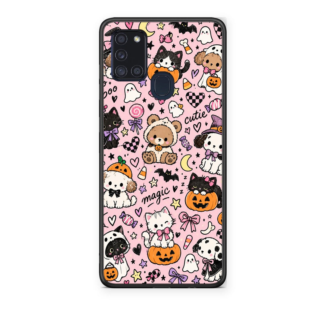 Θήκη Samsung Galaxy A21s Halloween Cute Animals on Pink από τη Smartfits με σχέδιο στο πίσω μέρος και μαύρο περίβλημα | Samsung Galaxy A21s Halloween Cute Animals on Pink case with colorful back and black bezels