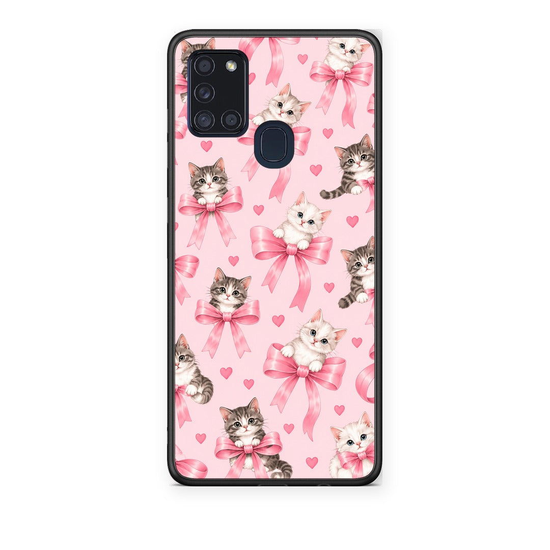 Θήκη Samsung Galaxy A21s Kittens and Pink Bows on Pink από τη Smartfits με σχέδιο στο πίσω μέρος και μαύρο περίβλημα | Samsung Galaxy A21s Kittens and Pink Bows on Pink case with colorful back and black bezels