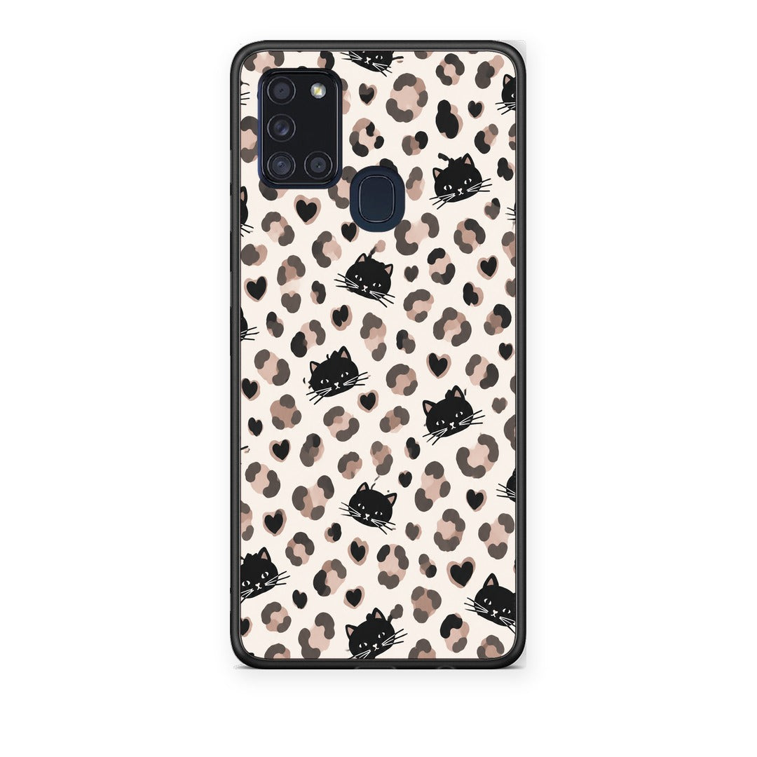 Θήκη Samsung Galaxy A21s Leopard Spots and Black Cats on Cream από τη Smartfits με σχέδιο στο πίσω μέρος και μαύρο περίβλημα | Samsung Galaxy A21s Leopard Spots and Black Cats on Cream case with colorful back and black bezels