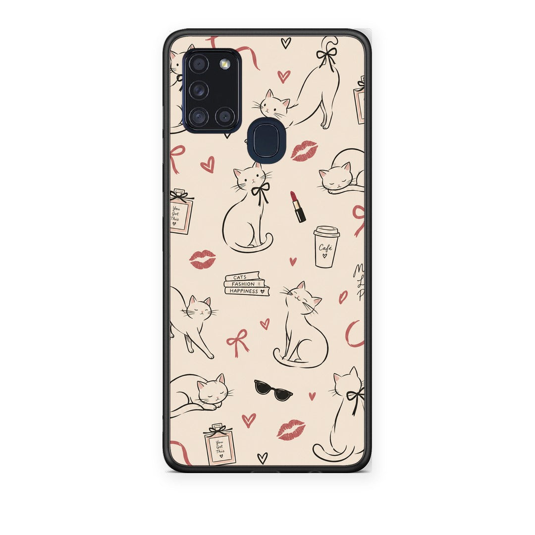 Θήκη Samsung Galaxy A21s Minimal Cat and Fashion Doodles on Cream από τη Smartfits με σχέδιο στο πίσω μέρος και μαύρο περίβλημα | Samsung Galaxy A21s Minimal Cat and Fashion Doodles on Cream case with colorful back and black bezels