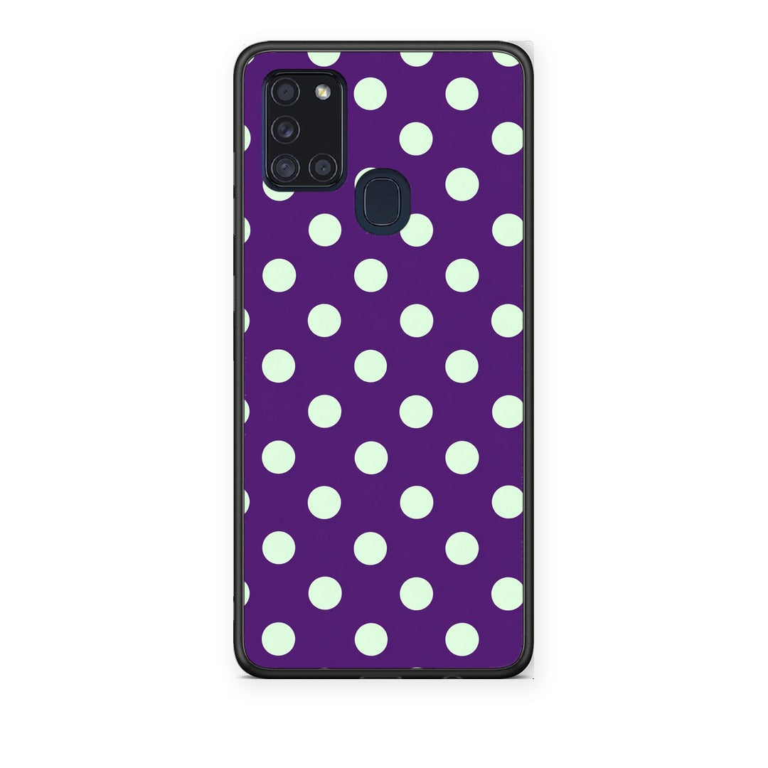 Θήκη Samsung Galaxy A21s Mint Polka Dots on Purple από τη Smartfits με σχέδιο στο πίσω μέρος και μαύρο περίβλημα | Samsung Galaxy A21s Mint Polka Dots on Purple case with colorful back and black bezels