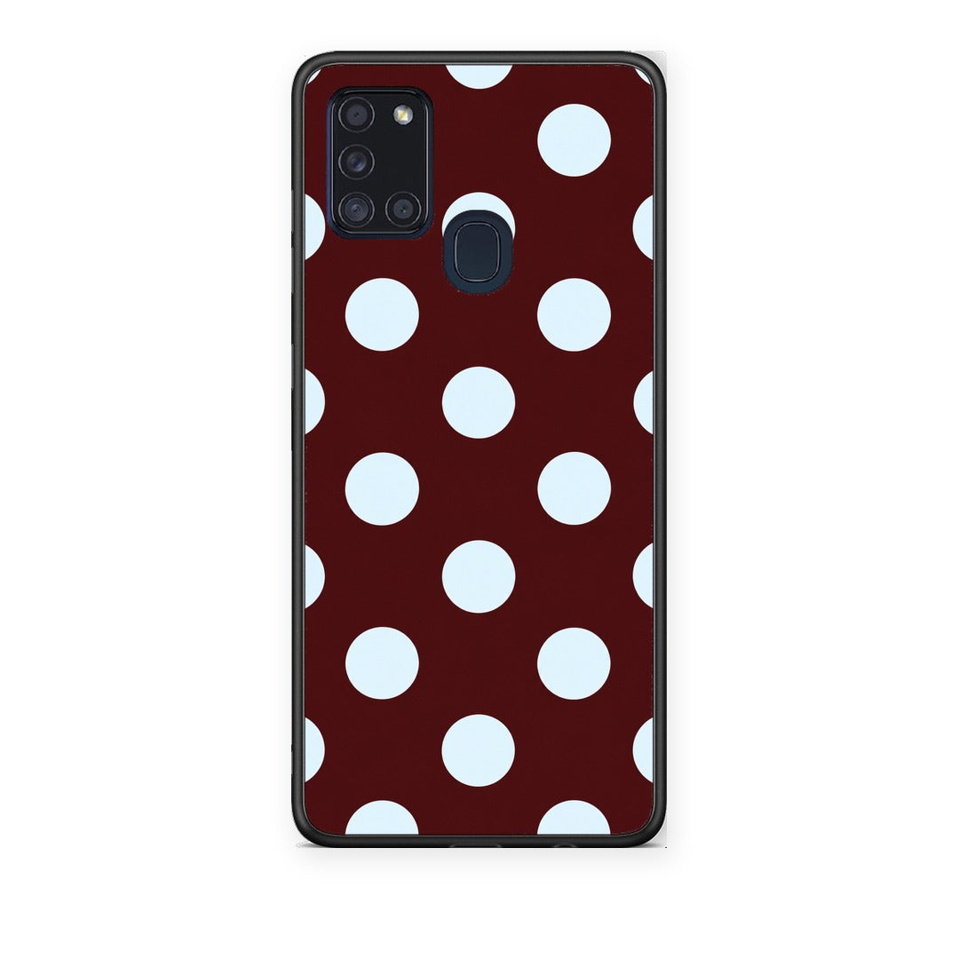 Θήκη Samsung Galaxy A21s Pale Blue Large Polka Dots on Burgundy από τη Smartfits με σχέδιο στο πίσω μέρος και μαύρο περίβλημα | Samsung Galaxy A21s Pale Blue Large Polka Dots on Burgundy case with colorful back and black bezels
