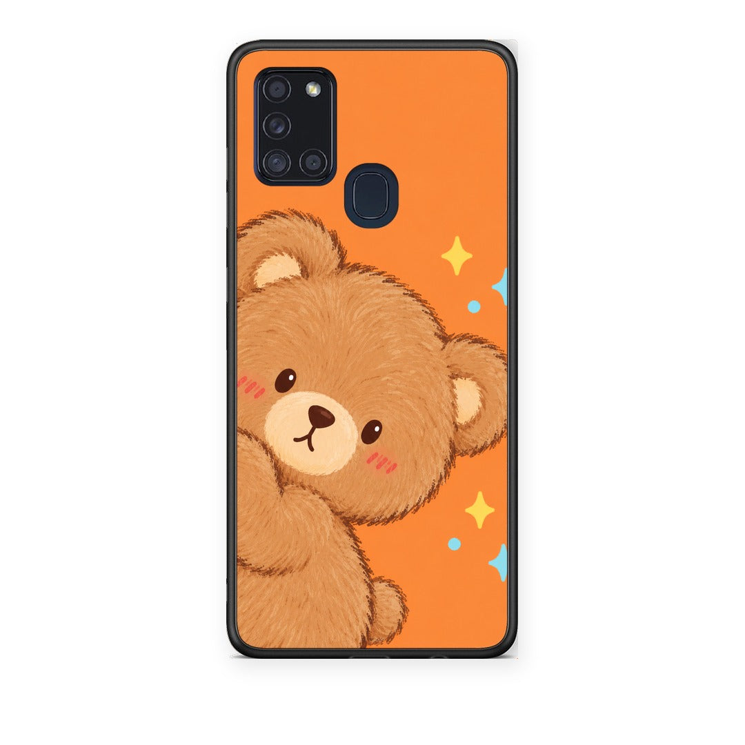 Θήκη Samsung Galaxy A21s Peekaboo Teddy on Orange από τη Smartfits με σχέδιο στο πίσω μέρος και μαύρο περίβλημα | Samsung Galaxy A21s Peekaboo Teddy on Orange case with colorful back and black bezels