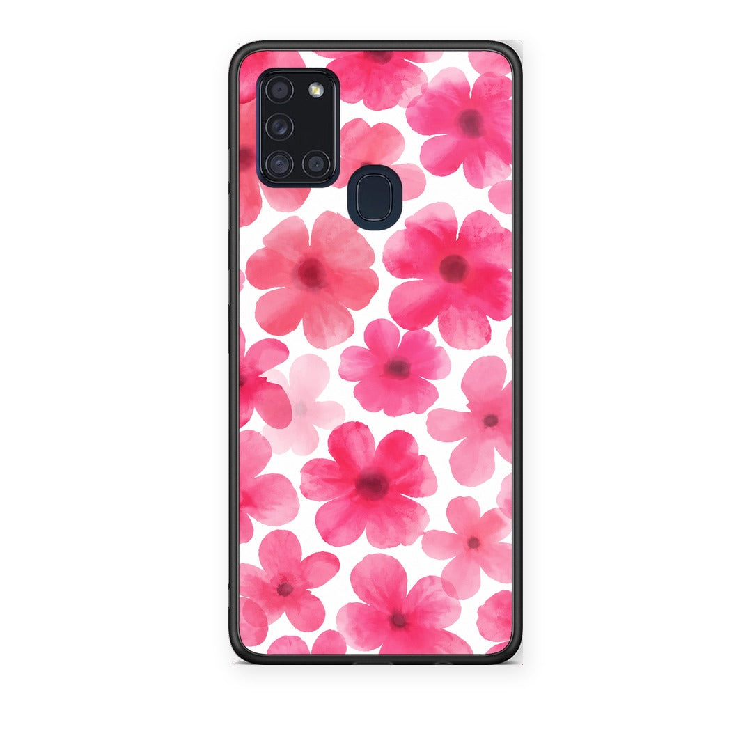 Θήκη Samsung Galaxy A21s Pink Watercolour Flowers on White από τη Smartfits με σχέδιο στο πίσω μέρος και μαύρο περίβλημα | Samsung Galaxy A21s Pink Watercolour Flowers on White case with colorful back and black bezels