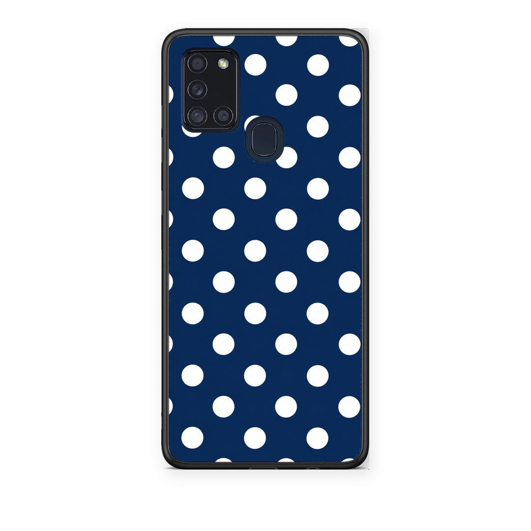 Θήκη Samsung Galaxy A21s White Large Polka Dots on Navy από τη Smartfits με σχέδιο στο πίσω μέρος και μαύρο περίβλημα | Samsung Galaxy A21s White Large Polka Dots on Navy case with colorful back and black bezels