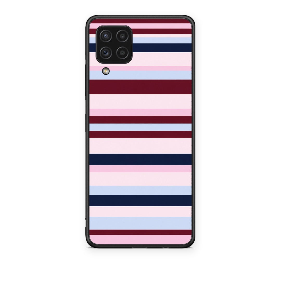 Θήκη Samsung Galaxy A22 4G Burgundy Pink and Blue Horizontal Stripes από τη Smartfits με σχέδιο στο πίσω μέρος και μαύρο περίβλημα | Samsung Galaxy A22 4G Burgundy Pink and Blue Horizontal Stripes case with colorful back and black bezels