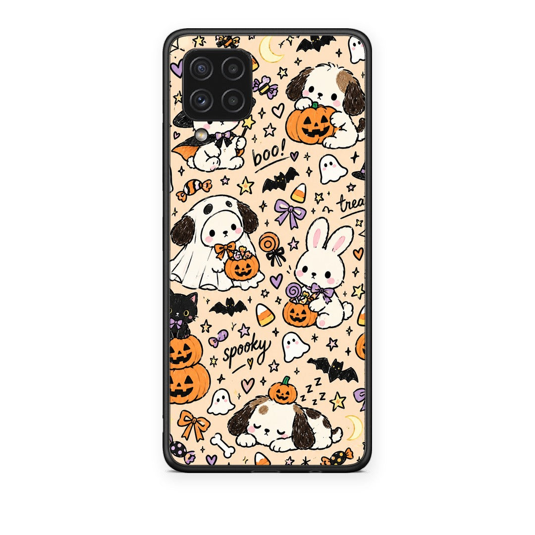 Θήκη Samsung Galaxy A22 4G Halloween Puppies and Friends on Cream από τη Smartfits με σχέδιο στο πίσω μέρος και μαύρο περίβλημα | Samsung Galaxy A22 4G Halloween Puppies and Friends on Cream case with colorful back and black bezels