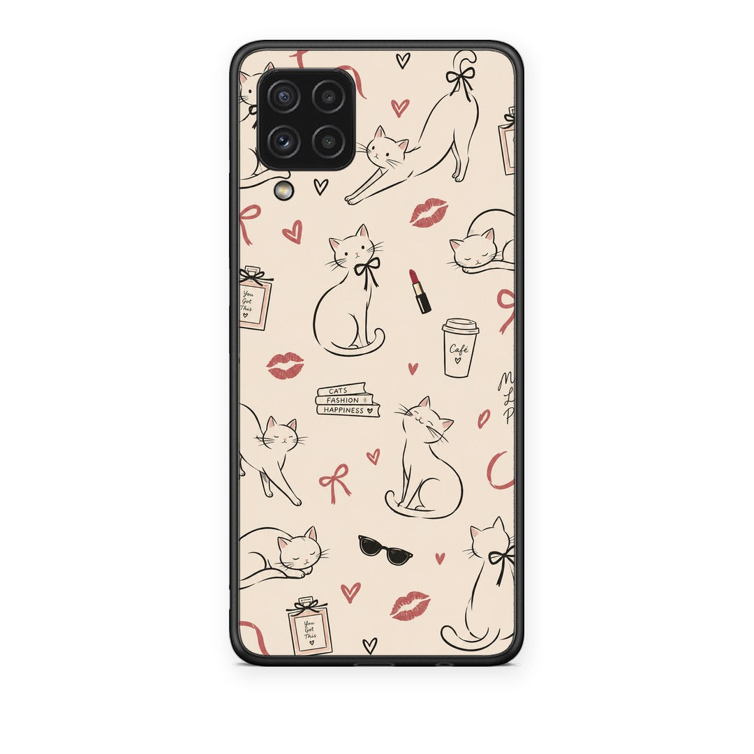 Θήκη Samsung Galaxy A22 4G Minimal Cat and Fashion Doodles on Cream από τη Smartfits με σχέδιο στο πίσω μέρος και μαύρο περίβλημα | Samsung Galaxy A22 4G Minimal Cat and Fashion Doodles on Cream case with colorful back and black bezels