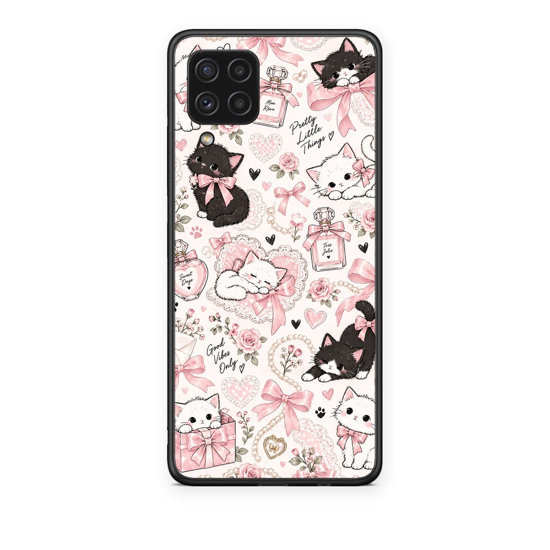Θήκη Samsung Galaxy A22 4G Pink Bows and Kittens Collage από τη Smartfits με σχέδιο στο πίσω μέρος και μαύρο περίβλημα | Samsung Galaxy A22 4G Pink Bows and Kittens Collage case with colorful back and black bezels