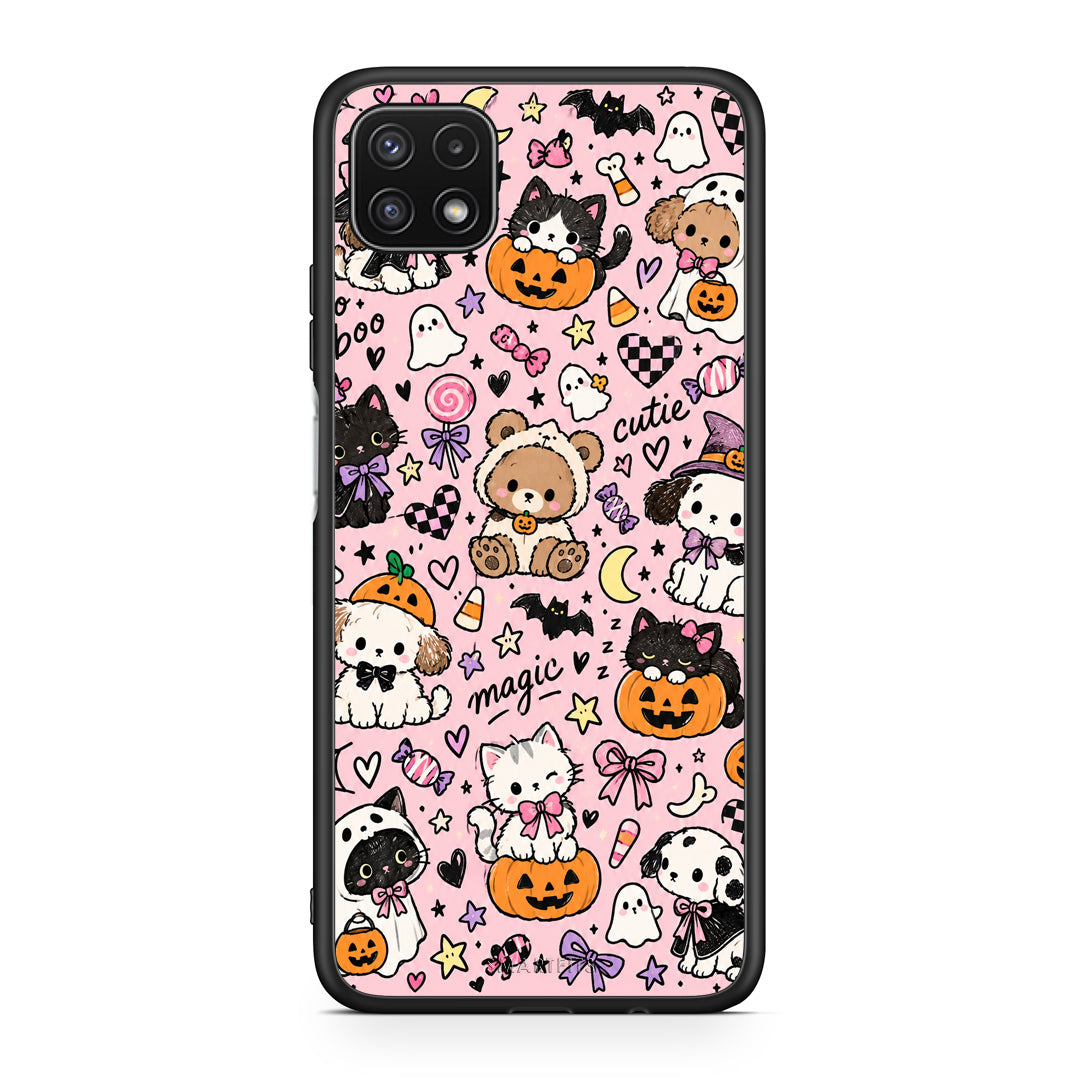 Θήκη Samsung Galaxy A22 5G Halloween Cute Animals on Pink από τη Smartfits με σχέδιο στο πίσω μέρος και μαύρο περίβλημα | Samsung Galaxy A22 5G Halloween Cute Animals on Pink case with colorful back and black bezels