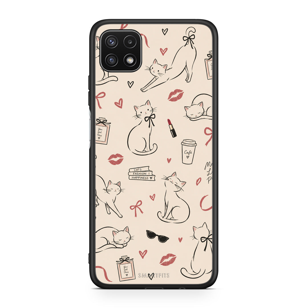 Θήκη Samsung Galaxy A22 5G Minimal Cat and Fashion Doodles on Cream από τη Smartfits με σχέδιο στο πίσω μέρος και μαύρο περίβλημα | Samsung Galaxy A22 5G Minimal Cat and Fashion Doodles on Cream case with colorful back and black bezels